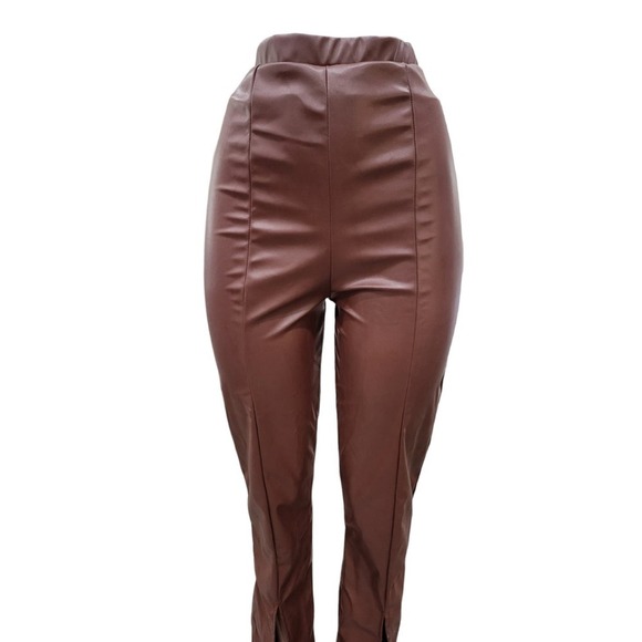 NEW Pretty Little Things Faux Leather Split Hem Trousers Pants Size 6‎ Brown - Picture 5 of 16
